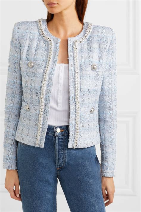 blue chanel style jacket|chanel style white tweed jacket.